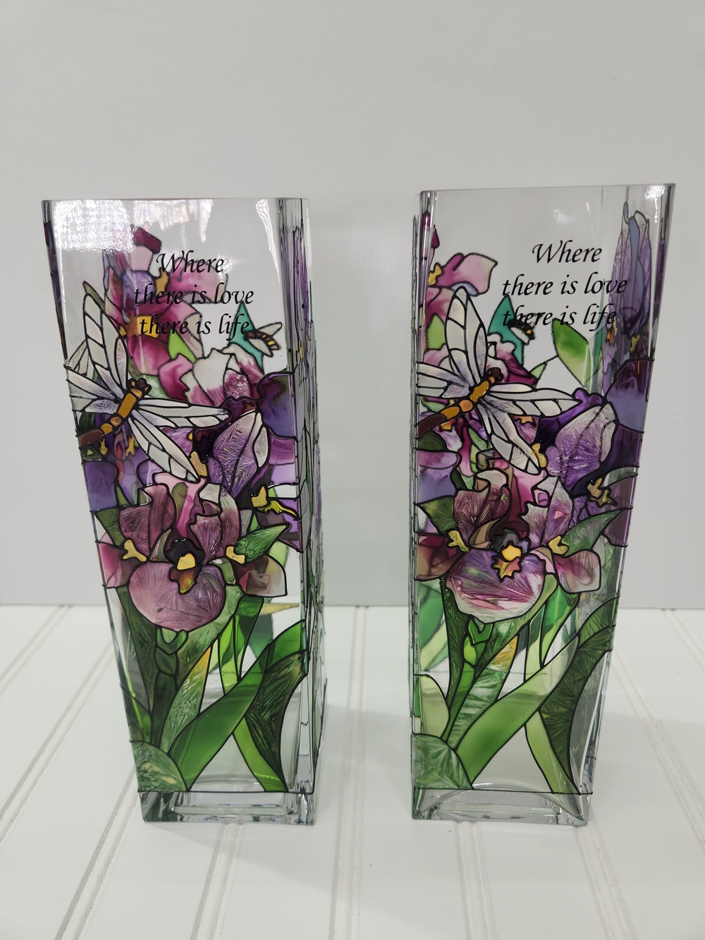 Vintage Joan Baker Designs Set of 2 Hand-Painted Stained Glass Vases